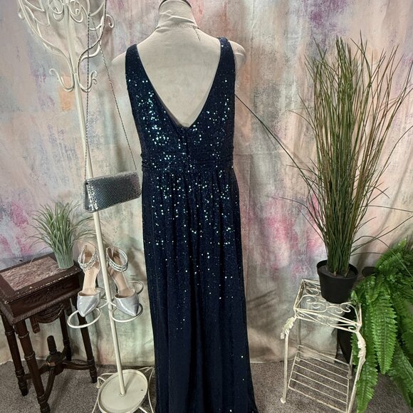 📌David's Bridal Sequin Navy Empire Waistline Bridesmaid - Formal  - Prom Dress - Picture 8 of 16